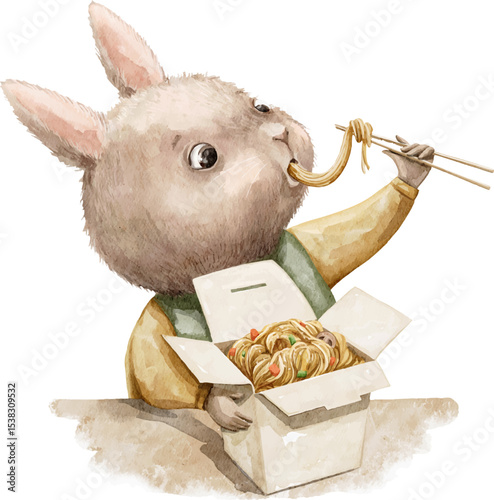 Cute cartoon little rabbit bunny character animal in clothes eats Chinese noodles from a box with chopsticks isolated on white background. Watercolor hand drawn illustration sketch vector