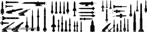 Silhouette Collection of Missiles Rockets and Launchers Depicting Military Might and Technological Advancement in Aerospace Defense and Warfare,"missile, rocket, launcher