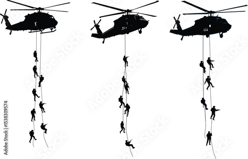 Silhouetted Soldiers Descending Ropes from Helicopters A Dramatic Display of Military Precision and Airborne Deployment Tactics with a Stark Visual Impact,"helicopter, soldiers, military, silhouette, 