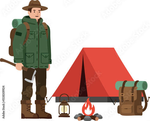 Male camper with hiking backpack and red tent camping outdoor adventure gear vector illustration 