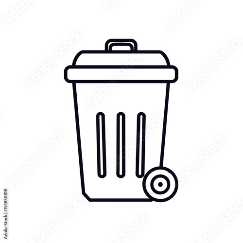 Garbage bin on wheels, minimalist style, in black and white, representing disposal or recycling