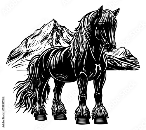 Clydesdale Horse in Mountain Landscape – Black and White Vector