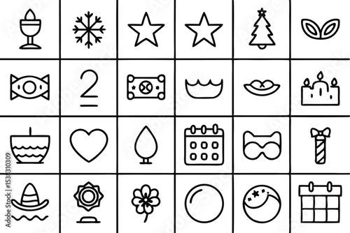 A collection of modern minimalist black line art icons representing various symbols and themes arranged in a grid.