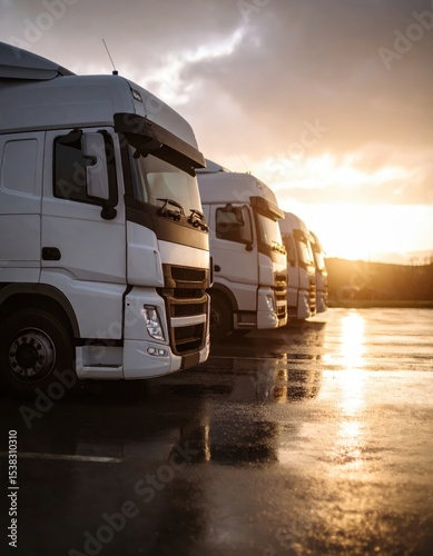 Row of white trucks on wet pavement during sunrise, highlighting reflections and dramatic sky.