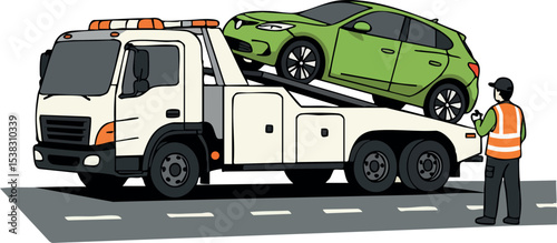 Tow truck loading green car with worker directing in safety vest vector illustration 