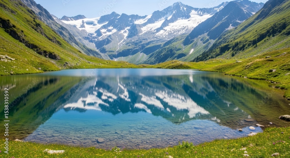 Fototapeta premium Serene Mountain Lake Reflecting Majestic Peaks: Stunning Alpine Scenery