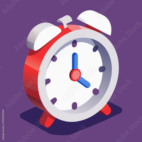 Isometric Red Alarm Clock Vector Illustration on Purple Background Time Management Concept