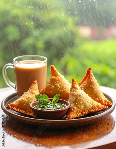 Crispy, golden samosas served with refreshing mint chutney and a hot cup of chai, creating a comforting Indian evening snack scene on a rainy day, perfect for traditional food and cozy vibes