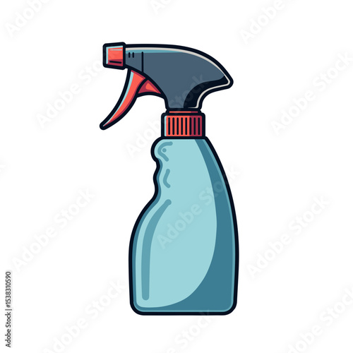 Spray bottle with trigger in blue, black, and red is for cleaning products