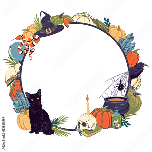 Frame with magic items, Halloween decoration. Round template with witchcraft and witchcraft items, cauldron, grimoire, potion, elixir, skull, magic ball, cat, snake, owl, toad, spider. Vector.
