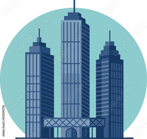 Modern office skyscrapers with blue shades and circular background vector illustration