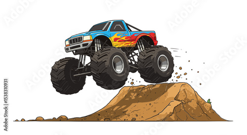 Colorful monster truck jumping over dirt ramp in action  on transparent background