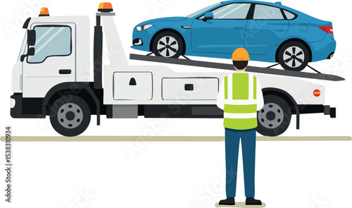 Tow truck carrying blue car with worker in safety vest and helmet vector illustration 