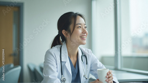 A young female doctor sitting and smiling in her office