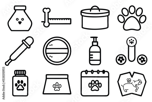 A collection of outlined vector icons representing various pet care and veterinary related supplies and products.