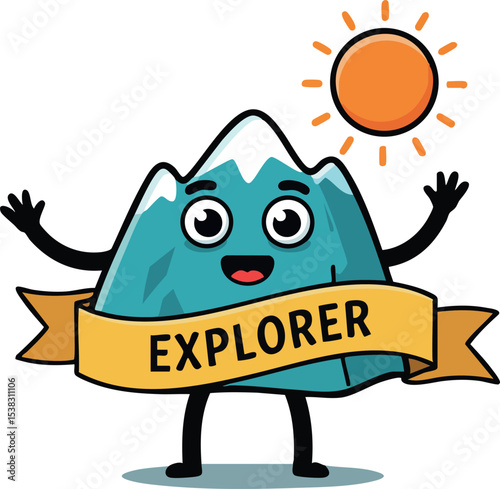 Cute mountain character with smiling face and explorer banner under bright sun vector illustration 