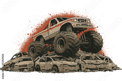 Monster truck triumphantly positioned on a mound of crushed cars with a gritty backdrop in a striking illustration