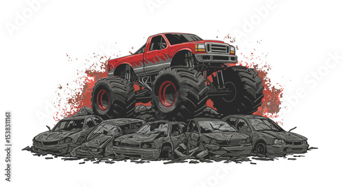 Monster truck dominating a pile of wrecked cars with a rugged background in a powerful illustration