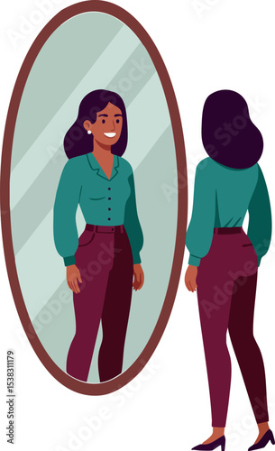 Woman looking at reflection in full length mirror indoor vector illustration smiling confident 