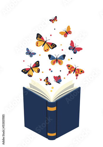 Open book with colorful butterflies flying out in a whimsical and vibrant illustration