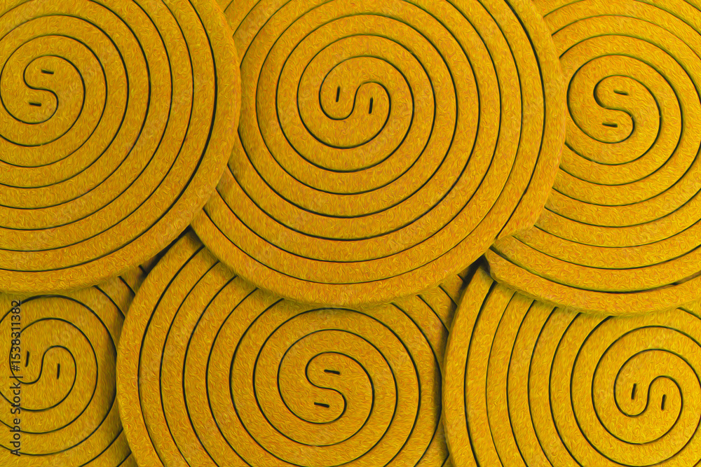 Fototapeta premium The arrangement of mosquito coils colored gold oil painted creates a distinctive, repeating circular pattern spiral background, resembling a yin-yang symbol