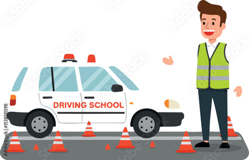 Driving school instructor with car and traffic cones teaching safe driving skills vector illustration 