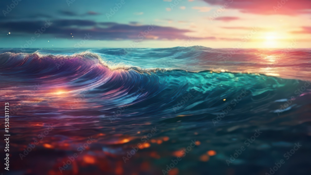 Fototapeta premium A vibrant ocean wave crashing beneath a colorful sunset sky with soft clouds