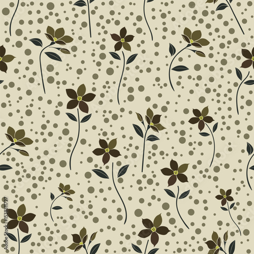 Neutral-toned floral seamless pattern featuring brown flowers on beige background. soft botanical repeat design for fabric, wall decor, and packaging.