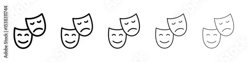 Theater masks icons in black stroke designs on white background