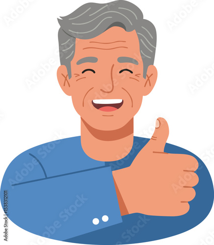 Smiling elderly man giving thumbs up gesture in blue shirt vector illustration 