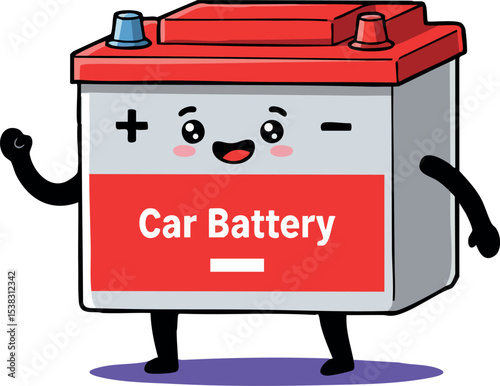 Car battery cartoon character smiling waving with red top and positive negative signs vector illustration 