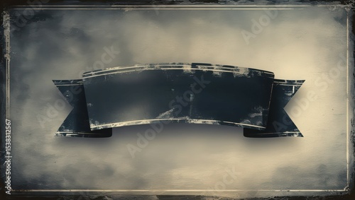 A textured dark ribbon banner on a smoky background with a decorative border