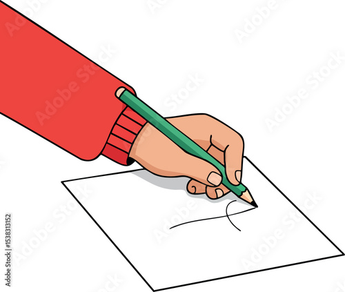 Hand drawing with green pencil on white paper simple vector illustration red sleeve 
