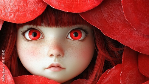 Geranium doll, vibrant red and pink tones, lively essence, watercolor style