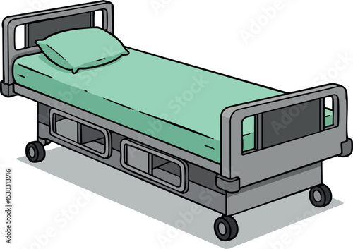 Hospital bed with green mattress and pillow medical equipment vector illustration 