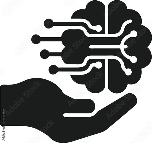 Vector silhouette representing a hand gently touching a futuristic brain with technology