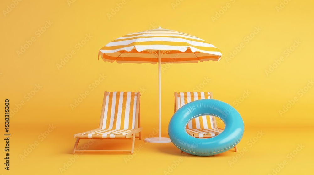 Obraz premium Striped beach chairs and umbrella with a pool float on a bright yellow background.