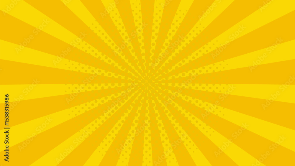 Fototapeta premium Bright yellow pop art background with comic rays and halftone dots. Sunburst radial lines for sale, retro design, comic book style, explosion, vintage energy theme, or summer banner template.