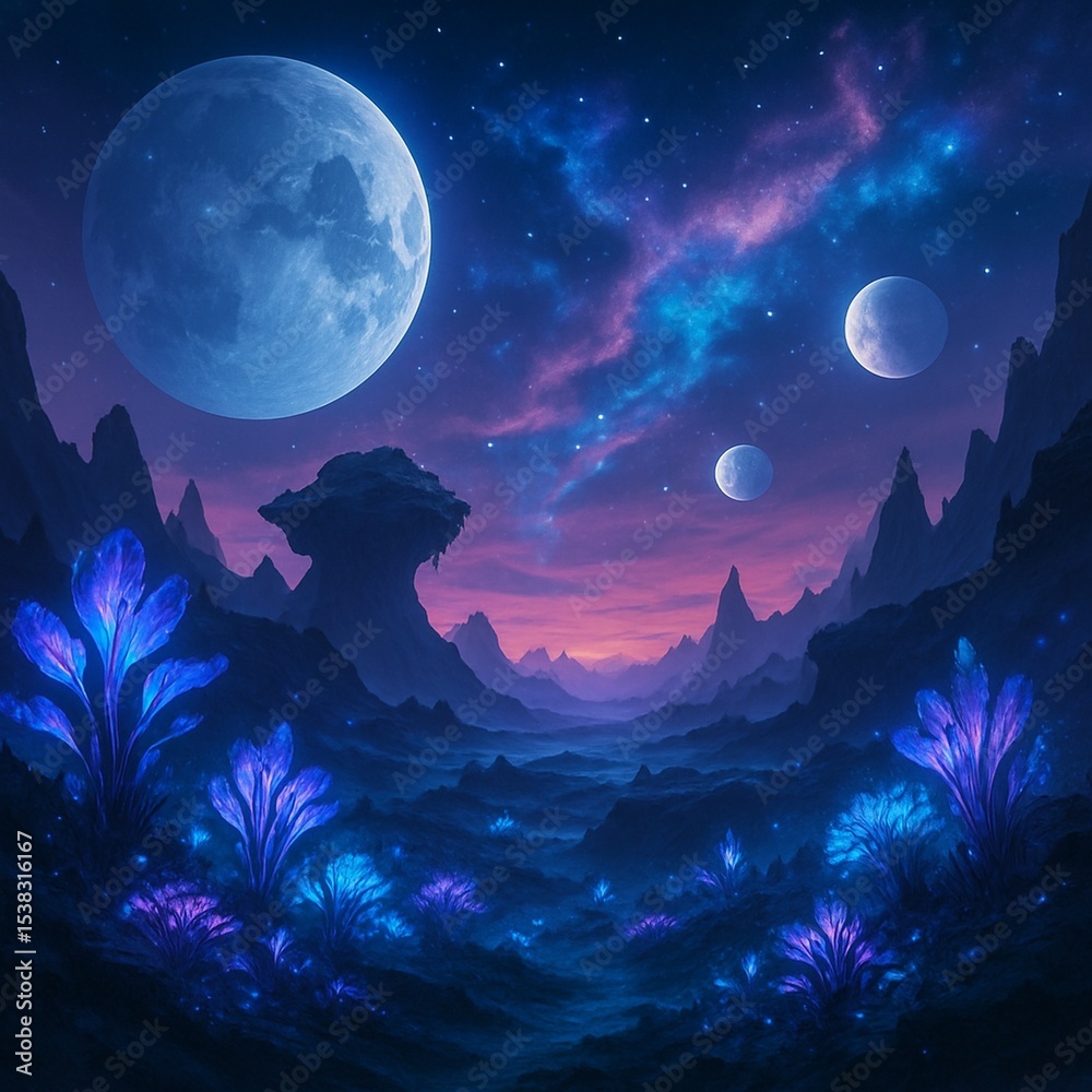 Naklejka premium Fantasy Moonlit Forest at Night with Glowing Trees and Stars
