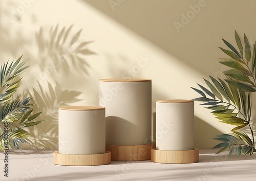 Three minimalist beige cylindrical pedestals with wooden edges against a light cream-colored wall, with shadows from plants. Vector illustration, 3D rendering.