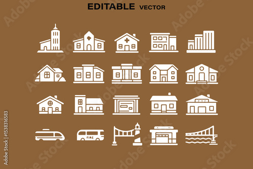 Collection of simple white building and transportation icons on brown background
