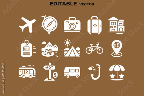 Travel icons set airplane compass camera luggage hotel bus bicycle tent and more