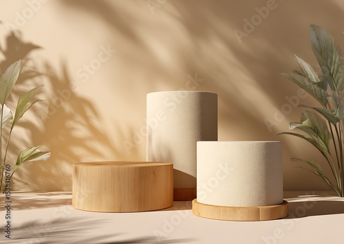 Three minimalist beige cylindrical pedestals with wooden edges against a light cream-colored wall, with shadows from plants. Vector illustration, 3D rendering.