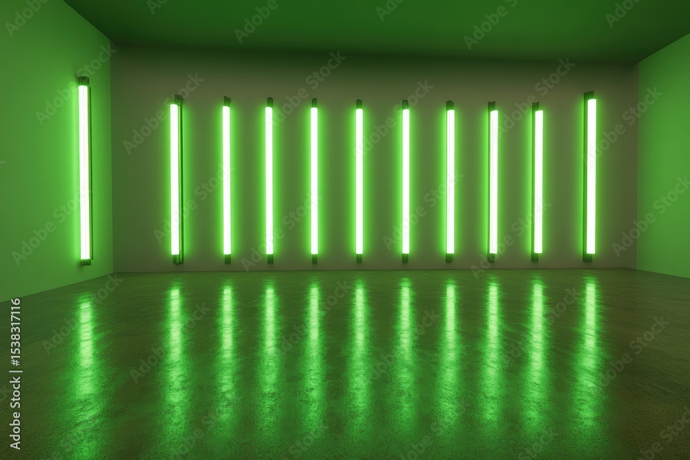 Fototapeta premium Empty room with glowing green vertical tubes