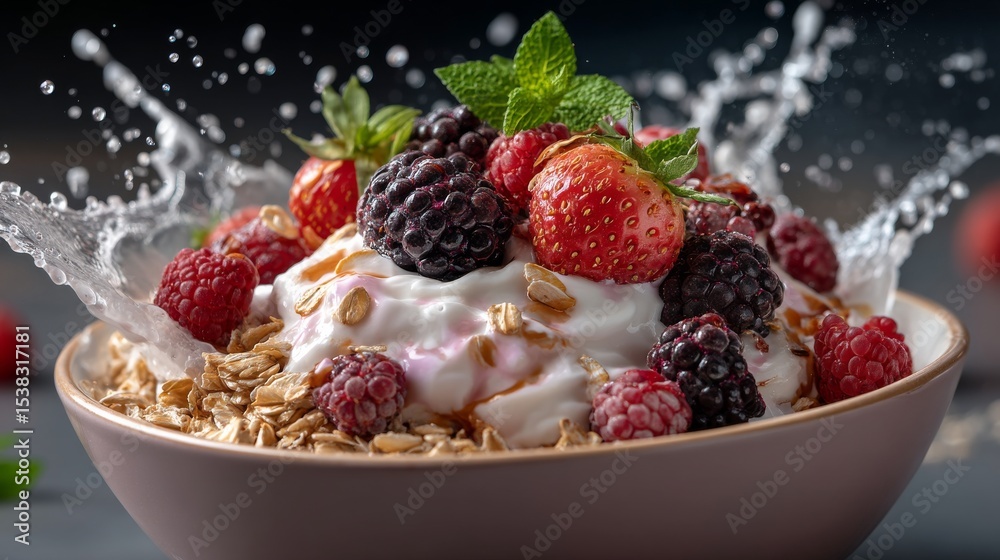 Vibrant Yogurt Bowl with Mixed Berries and Granola Splashing Elegantly Vibrant Yogurt Bowl with Mixed Berries and Granola Splashing Elegantly