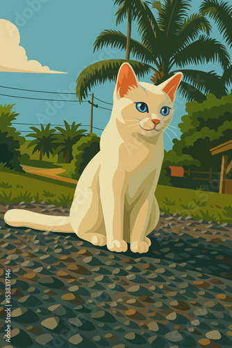 An illustration of a cream-colored cat with blue eyes sitting calmly on a gravel path. The cat has a sleek body, upright ears, and a focused gaze, giving it a composed and attentive expression. In the