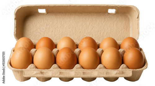 A dozen brown eggs neatly arranged in an open cardboard carton.