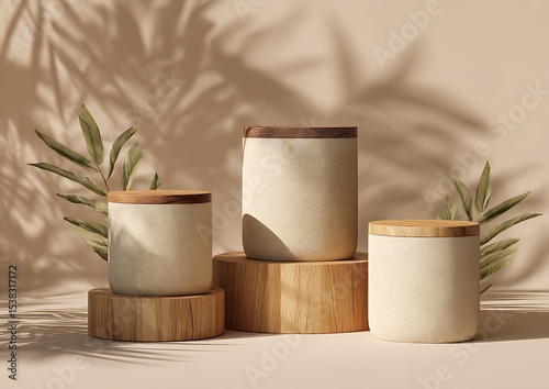 Three minimalist beige cylindrical pedestals with wooden edges against a light cream-colored wall, with shadows from plants. Vector illustration, 3D rendering.