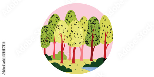 A charming illustration depicting a vibrant woodland scene, full of flourishing trees, creating a sense of peace and harmony in nature.