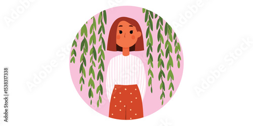A woman stands peacefully under a willow tree, symbolizing tranquility and self-discovery in a digitally drawn illustration. 